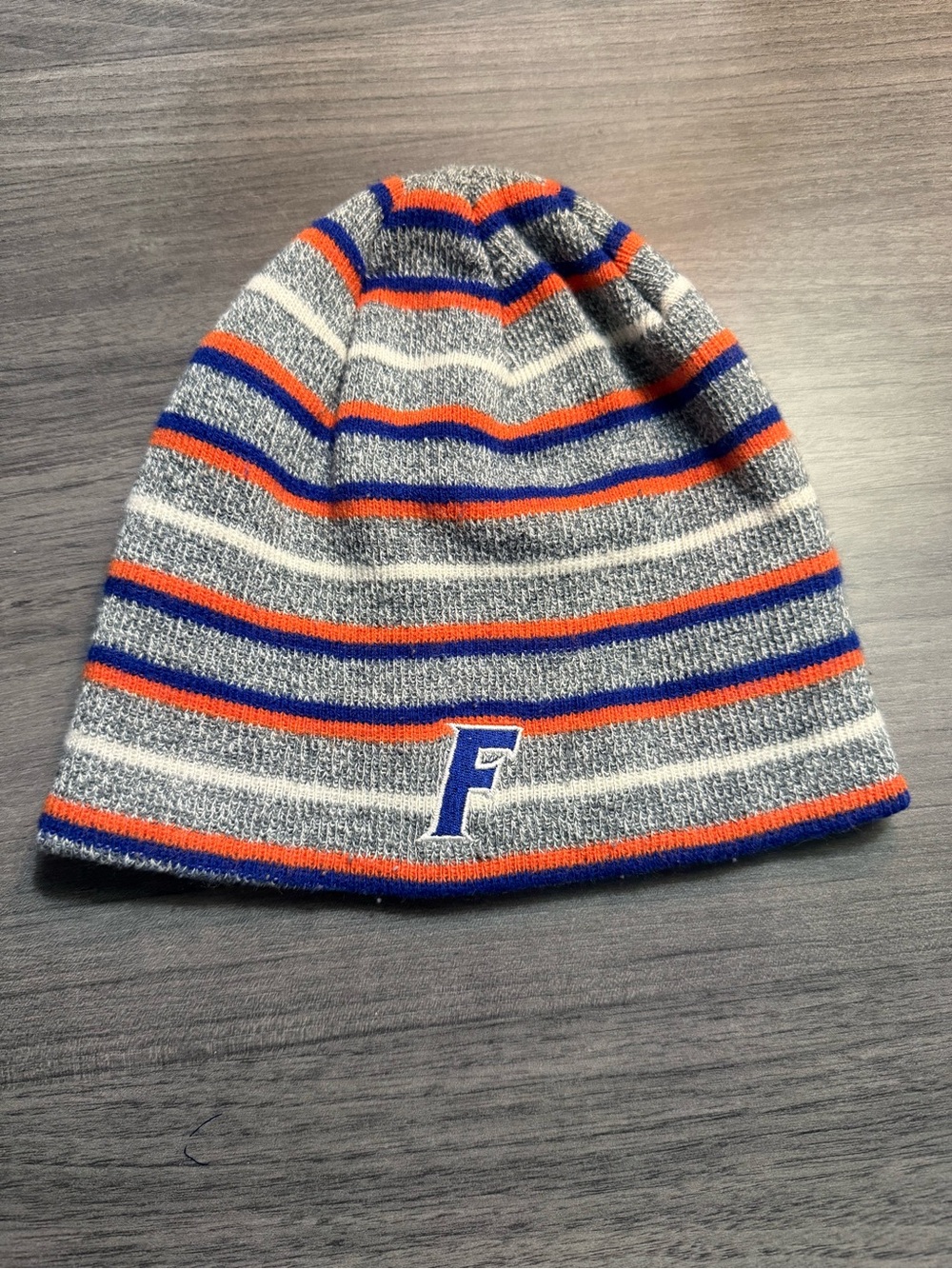 Striped Knit Beanie with 'UF' Logo - Grey, Blue & Orange